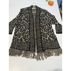 Allison Daley Animal Print  Cardigan Fringe Hem Jacquard Knit Sweater XL